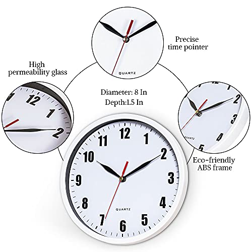 SAC SMARTEN ARTS 8" Silent Quartz Wall Clock Non-Ticking Digital Clock - color: 01 White