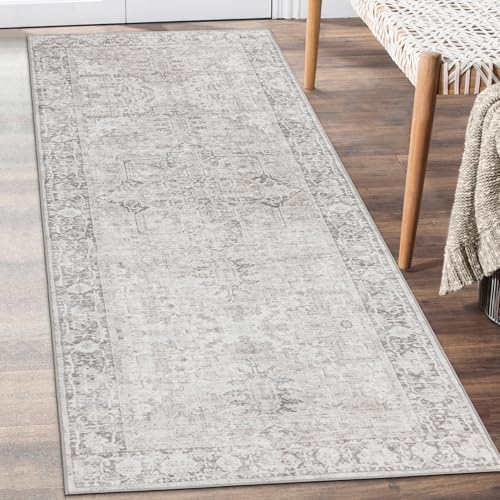 Machine Washable Area Rug Runner - Living Room Bedroom Bathroom Kitchen Entryway Office - Padded Low Pile Stain Resistant Premium - Boho Farmhouse Vintage - Lyle - Beige Ivory 2'6" x 6' - color: Lyle - Beige Ivory, size: 2'6" x 6' (Rectangular)
