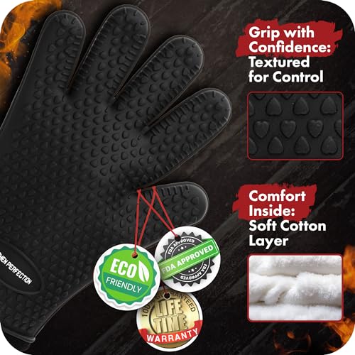 KITCHEN PERFECTION Silicone Smoker Oven Gloves -Extreme Heat Resistant BBQ Gloves -Handle Hot Food Right on Your Smoker Grill Fryer Pit|Waterproof Oven Mitts Grill Gloves |Superior Value Set+3 Bonuses | Waterproof, 5-Finger Design For A Better Grip, for P
