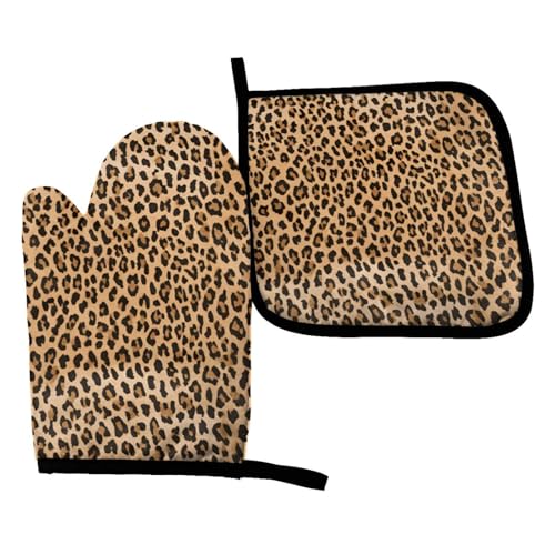Perinsto Cheetah Leopard Print Oven Mitts & Pot Holders Kitchen Set Heat Resistant Decorative Cooking Gloves Microwave Oven Gloves for Baking Grilling BBQ - color: Cheetah Leopard Print, size: Set of 2