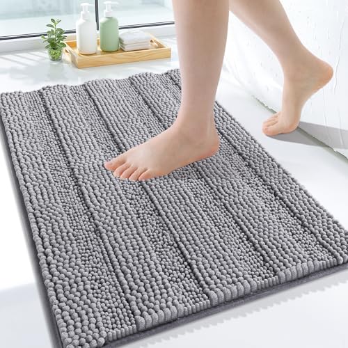 Grandaily Chenille Striped Bathroom Rugs 24x16, Extra Thick and Soft Absorbent Bath Mats, Rubber Backing, Plush Shaggy Shower Carpet, Machine Wash Dry, Bath Rug for Bathroom, Grey - color: Grey, size: 24" X 16"
