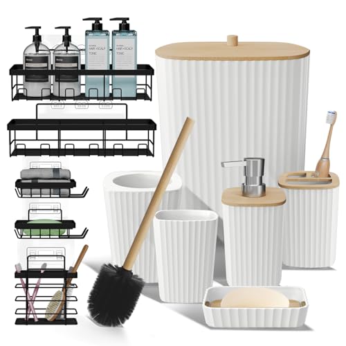 Clara Clark Bathroom Set - White Bathroom Accessories Set, 6PC Bathroom Accessory Set, Bathroom Sets with Adhesive Corner Shower Caddy Hanging, Toilet Brush, Trash Can & Soap Dispenser - color: White, size: Complete Set + Shower Caddy
