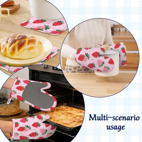 Pink Cute Strawberry Potholders & Oven Mitts Sets Summer Fruits Silicone Heat Resistant Oven Mits and Hot Pads Non-Slip Pot Holders Gloves for Kitchen Chef Cooking Baking Grilling BBQ - color: Pink Cute Strawberry,summer Fruits