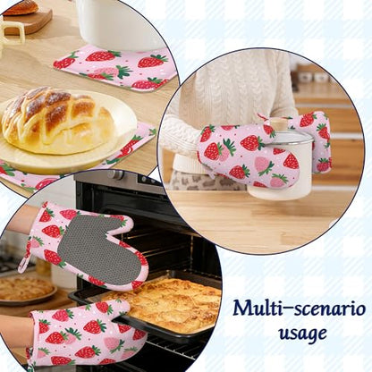 Pink Cute Strawberry Potholders & Oven Mitts Sets Summer Fruits Silicone Heat Resistant Oven Mits and Hot Pads Non-Slip Pot Holders Gloves for Kitchen Chef Cooking Baking Grilling BBQ - color: Pink Cute Strawberry,summer Fruits