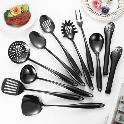 304 Stainlss Steel Matte Kitchen Utensils Set, 11 Pcs Long Metal Cooking Utensil Gadgets Tools Set with Spatula, Ladle, Spoon, Skimmer, Turner, Pasta Server, Tongs(Black, Dishwasher Safe) - size: 11Pcs-Black