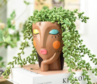 Saysmile Face Planter Pots for Indoor Plants, Resin Head Planter Succulent Planter Flower Planter Cute Girl Head Pots with Drainage Hole - Painted Thinking Girl Closed Eyes - color: Thinking - Painted