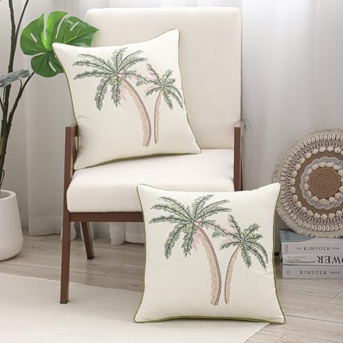 Embroidered Throw Pillow Covers 18x18 Pack of 2 Green and Pink | Coconut Trees,Durable Fabric,Square Pillow Cover,Boho Decorative,Hidden Zipper,Aesthetic Design,Ideal Gift,Machine Washable - color: Green Pink Coconut Trees