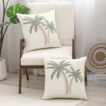 Embroidered Throw Pillow Covers 18x18 Pack of 2 Green and Pink | Coconut Trees,Durable Fabric,Square Pillow Cover,Boho Decorative,Hidden Zipper,Aesthetic Design,Ideal Gift,Machine Washable - color: Green Pink Coconut Trees