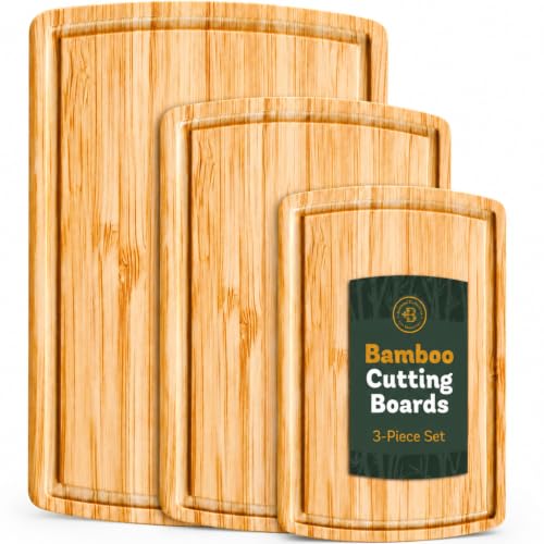 Bamboo Cutting Boards for Kitchen, Non Toxic Wooden Chopping Board Meat Set | Deep Juice Groove, Knife-Friendly, Reversible Butcher Block, Side Handles, Serving, Food Prep, Vegetable, Fruit, Meat, Cheese - size: 3-Piece