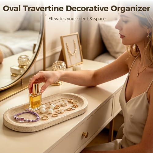 Marble Tray in Oval Travertine, 9.8 x 4.7 in Decorative Stone Organizer for Perfume Candles and Jewelry, Polished Storage with Non-Slip Base, for Bathroom Vanity Dresser and Kitchen Counter