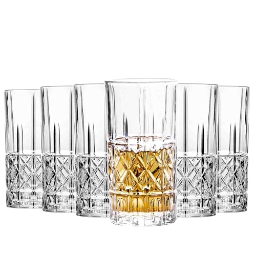 Tall Highball Glasses Set of 6, 14 Ounce Cups, Textured Designer Glassware for Drinking Water, Beer, or Soda, Trendy and Elegant Dishware, Dishwasher Safe - style: Style C