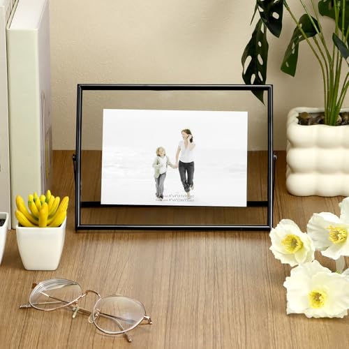 QWORK 6x8 Inch Black Floating Picture Frame Horizontal, Fits 5x7 4x6 3x5 Photos, Glass Double Panel Metal Frame for Tabletop Display