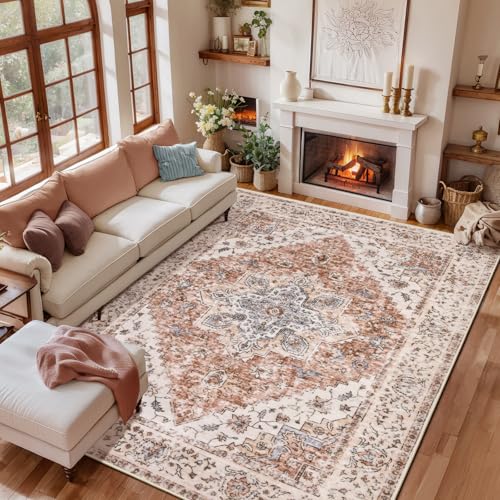 Ciicool Washable 6x9ft Area Rugs,Large Vintage Non-Slip Bedroom Dining Room | Boho Thin Low Pile Soft Oriental Indoor Mat Floor Throw Carpet for Bathroom Kitchen Living Room Bedroom Decor - color: Vintage Cream/Brick, size: 6' x 9' (Rectangular)