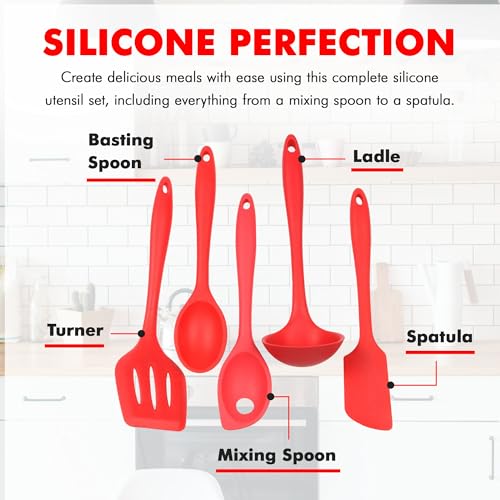 Chef Craft 5 Piece Red Premium Silicone Kitchen Tool Set (42071) - color: Red, size: 5 Piece Set