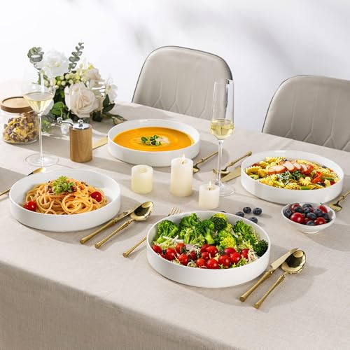 LERATIO Large Pasta Bowls,38oz Ceramic Pasta Bowls,9.25" Reactive Glaze Pasta Bowl Set of 4,Microwave & Dishwasher,Oven Safe,Wide Serving Bowls for Salad,Pasta,Fruit,Scratch Resistan -White - color: White, size: Set of 4