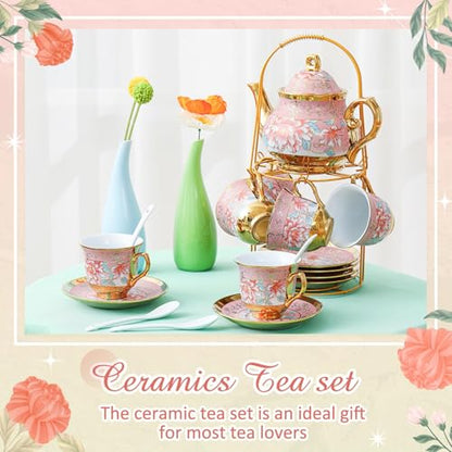 Zhehao 20 Pcs Porcelain Tea Set with Metal Holder and Spoon Adult Ceramic Tea Set European Flower Painting Teapot Cup Saucer Spoon for Women Mom Gift, Large Version (Pink Style) - color: Pink Style
