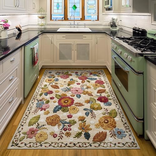 Washable 4x6 Area Rug, Beige Boho Floral Non-Slip for Kitchen, Entryway | Soft Low-Pile Faux Wool Carpet for Bathroom, Nursery, Bedroom, Home Office, Kid & Pet Friendly, Stain, Fade & Wear Resistant - color: Beige, Cream, Mustard, Brick Red and Blue, size