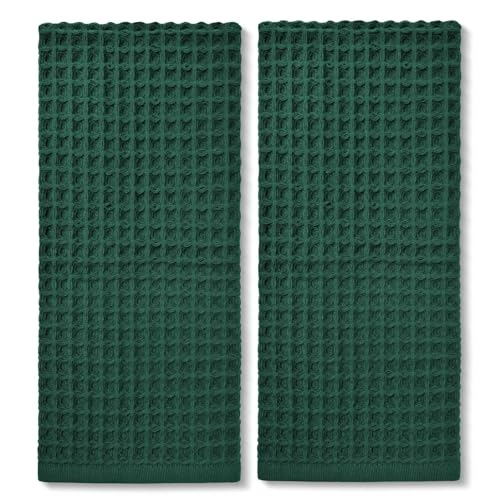 Waffle Hand Towels Set of 2 (Hunter-Green) – Cotton, Quick Dry, Lint Free | 13” x 29”, Bathroom Decor & Kitchen Towels - color: Hunter-green