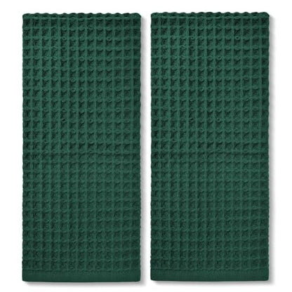 Waffle Hand Towels Set of 2 (Hunter-Green) – Cotton, Quick Dry, Lint Free | 13” x 29”, Bathroom Decor & Kitchen Towels - color: Hunter-green