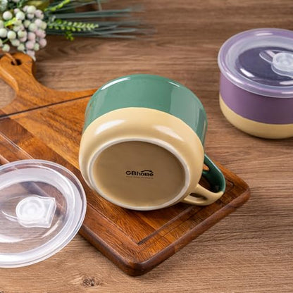 GBhome Ceramic Soup Mugs with Handles and Lids,24 OZ Soup Cups Set of 2 | Terracotta Underside,Mug Bowls with Spoon for Soup/Cereal/Salad/Noodles/Ramen/Microware &Dishwasher Safe-Green&Purple - color: Green&Purple