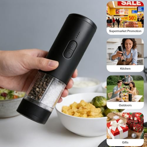 Electric Salt and Pepper Grinder Set, 2-in-1 Electric Salt and Pepper Grinder Set, USB-Rechargeable, Refillable Automatic Salt and Pepper Mill Shaker with LED Light, Kitchen Gift, Black