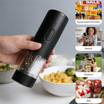 Electric Salt and Pepper Grinder Set, 2-in-1 Electric Salt and Pepper Grinder Set, USB-Rechargeable, Refillable Automatic Salt and Pepper Mill Shaker with LED Light, Kitchen Gift, Black
