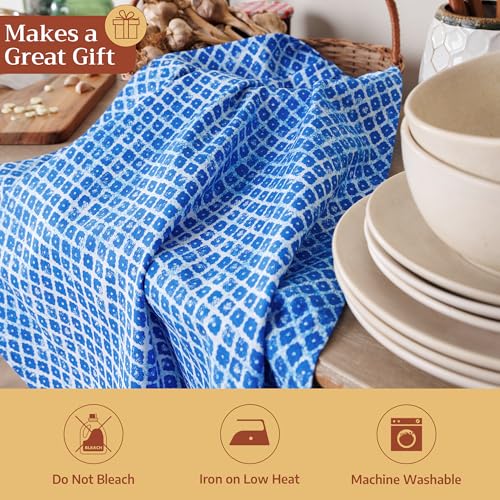 Maison d' Hermine Kitchen Towels Set of 3 Reusable 100% Cotton 27.50" x 20" | Cloth Tea Dish Towels Absorbent with Hanging Loop for Kitchen Dining Party Wedding Hotel Home Spring Summer - Indigo Love - color: 034 - Indigo Love