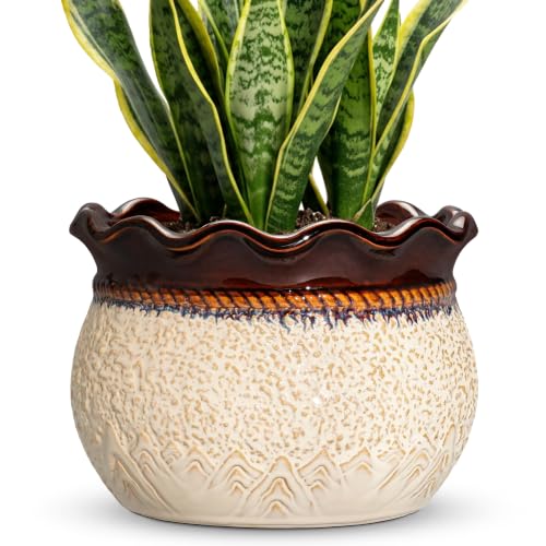 Ceramic Flower Pots, 10 Inch Ceramic Planter, Beige-Brown | Indoor Large Pots for Plants, Decorative Unique Plant Pot with Drainage Hole, Garden House Decor, Gifts for Men Women - color: Beige Brown, size: 10 Inch