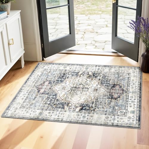 AooHHooA 2x3 Washable Entryway Rug Blue, Soft Stain Resistant 2x3 Boho Rug Vintage Small Rugs for Entryway, Low Pile Lightweight Non-Slip Indoor Door Mat Small Rugs for Bedroom Bathroom - color: Blue, size: 2' x 3' (Rectangular)