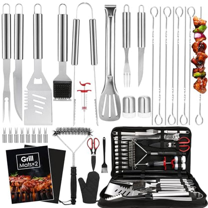 Yoehka BBQ Grilling Accessories Set, 34Pcs Heavy Duty Grill Tools, Silver | For Outdoor Camping, Grilling Gifts for Dad Men, Fathers Day, Stainless Steel Barbecue Utensils Kit, Includes Mats and Glove - style: Sliver handle