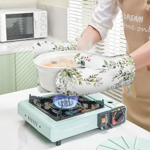 Sage Green Eucalyptus Oven Mitts and Pot Holders Sets Silicone Watercolor Butterfly Leaves Kitchen Mitts Potholders Heat Resistant 4Pcs Oven Gloves Hot Pads for Kitchen Baking Cooking - color: Green Eucalyptus