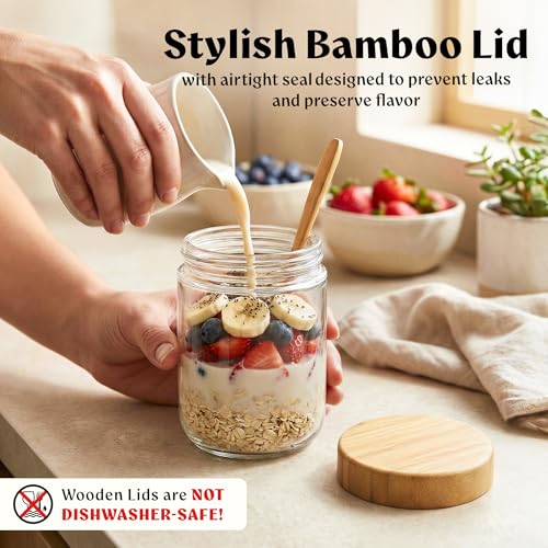 Overnight Oats Containers with Lids - Glass Mason Jars, Meal Prep | Bamboo Wood, Airtight Silicone Seal Set of 4 - Stackable for Chia Pudding, Yogurt, Cereal, Oatmeal, Salad, Pantry Storage - color: 4 pack - Bamboo Lid no Spoons