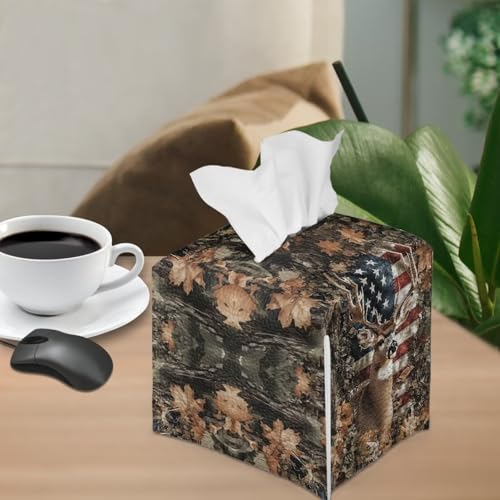 Deer Tissue Box Cover Forest Hunting Print Tissue Box Holder Waterproof PU Leather Holder for Facial Paper American Flag Facial Napkin Organizer Dispenser - color: Deer American Flag Leaf Camo