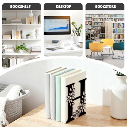5.3"x4.3"x7.1" Metal Bookends, Heavy Duty Book Ends for Shelves | Letter H with Flowers Theme Cast Iron Book Supports, 1 Pair Decor Stoppers for Desk, Library, Office & Home Shelves - style: Letter H with Flower