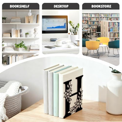 5.3"x4.3"x7.1" Metal Bookends, Heavy Duty Book Ends for Shelves | Letter H with Flowers Theme Cast Iron Book Supports, 1 Pair Decor Stoppers for Desk, Library, Office & Home Shelves - style: Letter H with Flower
