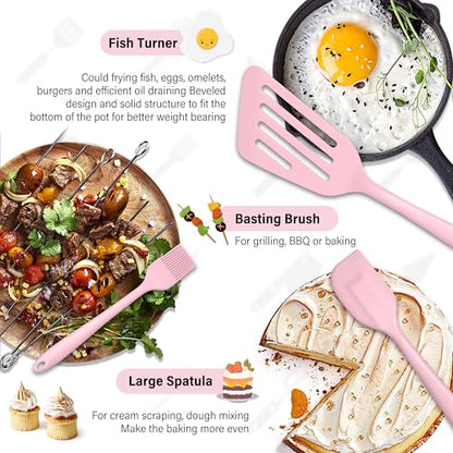 HaWare 11 PCS Silicone Cooking Utensils Set, Heat Resistant Kitchen Utensils with Holder, Food-grade Spatula Sets for Nonstick Cookware, Kitchen Tools Gadgets Include Fish Turner, Spoon (Pink) - color: Pink