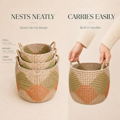 Set of 3 Handwoven Seagrass Storage Baskets with Handles, Decorative Round Wicker Basket Set for Blankets, Toys, Towels, Nursery, Living Room & Bedroom