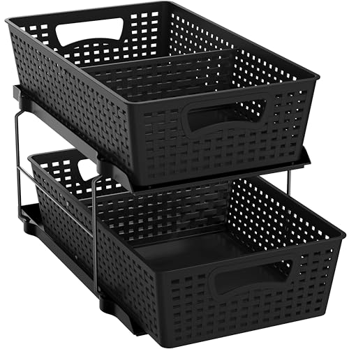 Simple Houseware 2 Tier Pull-Out Sliding Drawer Under Sink Storage, Black | Great for Kitchen Bathroom Tray Shelf Organizer - color: Black