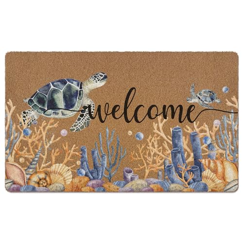 Beach Welcome Door Mat, Coastal Doormat, Sea Turtle Coral Welcome Front Door Mat Indoor Outdoor Entrance, Ocean Artificial Coir Doormats Rugs for Porch Patio Entryway Home Room Decor 30x17in - color: Sea Turtle