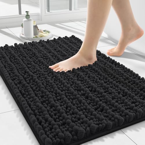 Smiry Bathroom Rugs 24X16, Extra Soft Rubber Backing Chenille Bath Mats | Black Machine Washable Non Slip Quick Dry Bath Mats for Bathroom Floor, Tub, Shower, Home Decor Accessories - color: Black, size: 24'' X 16''