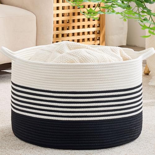 KAKAMAY Large Blanket Basket with Handles, Storage Basket for Living Room | Extra Large Capacity | Natural Cotton Rope | Blanket Storage | Woven Storage Basket | Stuffed Animal Storage | Laundry Basket - color: Black Stripe