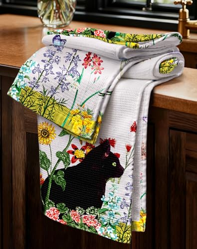 2pcs Cotton Waffle Kitchen Towels, Cat in Flowers | Waffle Weave, Terry Cloth, Pure Cotton, Sustainable, 16"x26", Highly Absorbent, with Hanging Loop, Giftable Package - color: Cat in Flowers