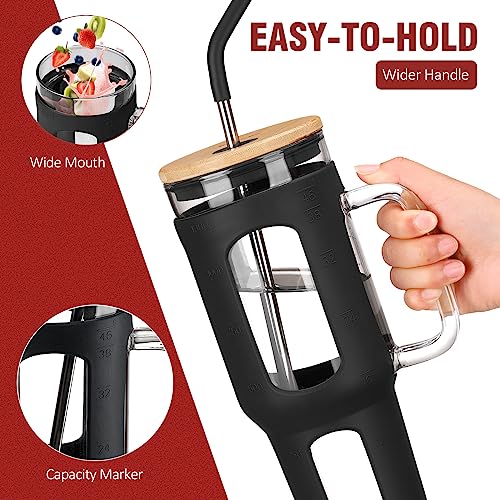 WINSA Glass Tumbler with Lid and Straw, 46 oz, Black | Iced Coffee Cup with Handle, Large Water Bottle with Silicone Sleeve, Pearl Straw & Drinking Straw, BPA Free - color: Black, size: 46 Ounces