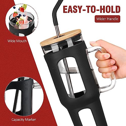 WINSA Glass Tumbler with Lid and Straw, 46 oz, Black | Iced Coffee Cup with Handle, Large Water Bottle with Silicone Sleeve, Pearl Straw & Drinking Straw, BPA Free - color: Black, size: 46 Ounces