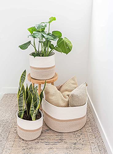 OrganiHaus Round Toy Basket & Blanket Basket, Cotton Rope 20x13" | Striped Honey - Round Cotton Rope Basket, 20x13" - color: Striped Honey, size: Wide