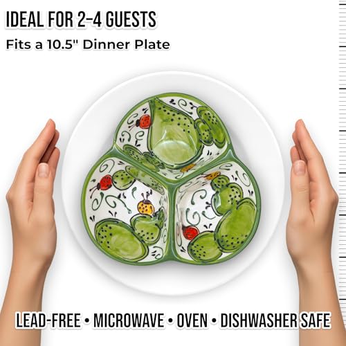 3-Compartment Ceramic Serving Dish, Handmade in Spain | 7.5” divided chip and dip bowl with lead-free glaze, microwave, oven and dishwasher safe, ideal for tapas, snacks and sauces - color: Cactus Green