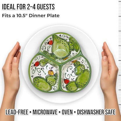 3-Compartment Ceramic Serving Dish, Handmade in Spain | 7.5” divided chip and dip bowl with lead-free glaze, microwave, oven and dishwasher safe, ideal for tapas, snacks and sauces - color: Cactus Green