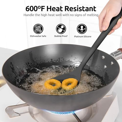 U-Taste 7+9+12 inch 600ºF Heat Resistant Silicone Kitchen Tong Set of 3 and 600ºF Heat Resistant 13.76" Long, 3.63" Wide Wok Spatula for Kitchen Stir Fry (Black)