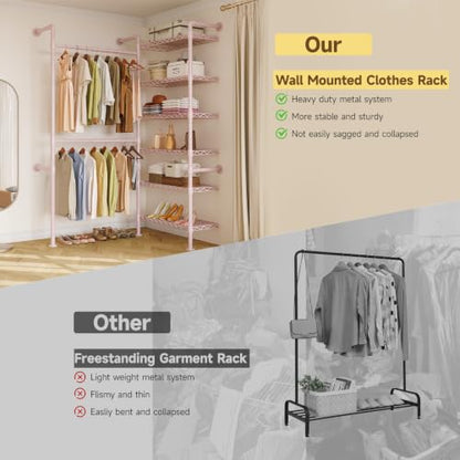 L2 Wall Mounted Closet System, Industrial Pipe Clothing Rack, Pink | Metal Clothes Rack with 2 Telescopic Rods & 6 Shelves, Heavy Duty Closet Organizers for Wardrobe, Reach-in & Walk-in Closets - color: Pink
