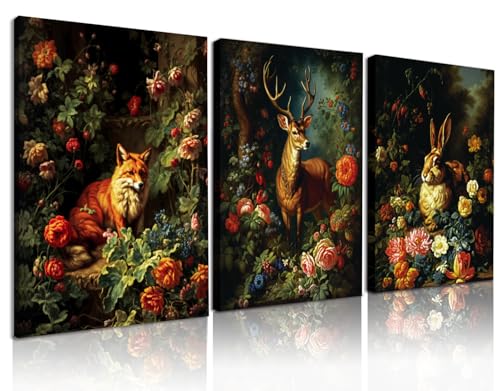 3 Pcs Framed Forest Wall Art Animal Fox Elk rabbit Canvas Prints Victorian Gothic Botanical Floral wall art for living room Bedroom Decor Retro Plant Oil Paintings Prints Ready to Hang 16x24in - color: Colorful, size: 16x24 in-Framed
